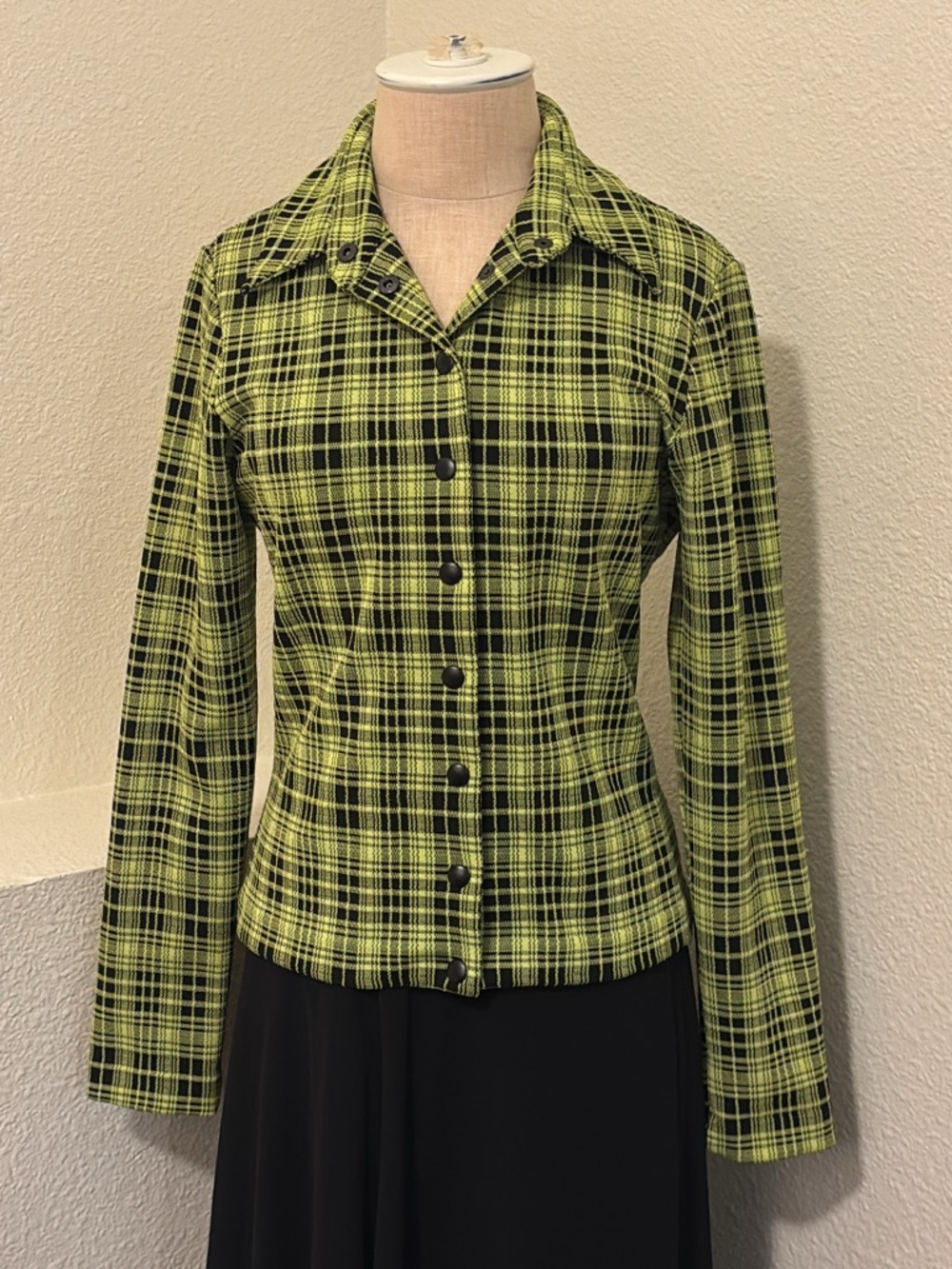 Vintage Betsy Johnson Snap Collared Neon Green Black Plaid 90s Alt Punk Goth